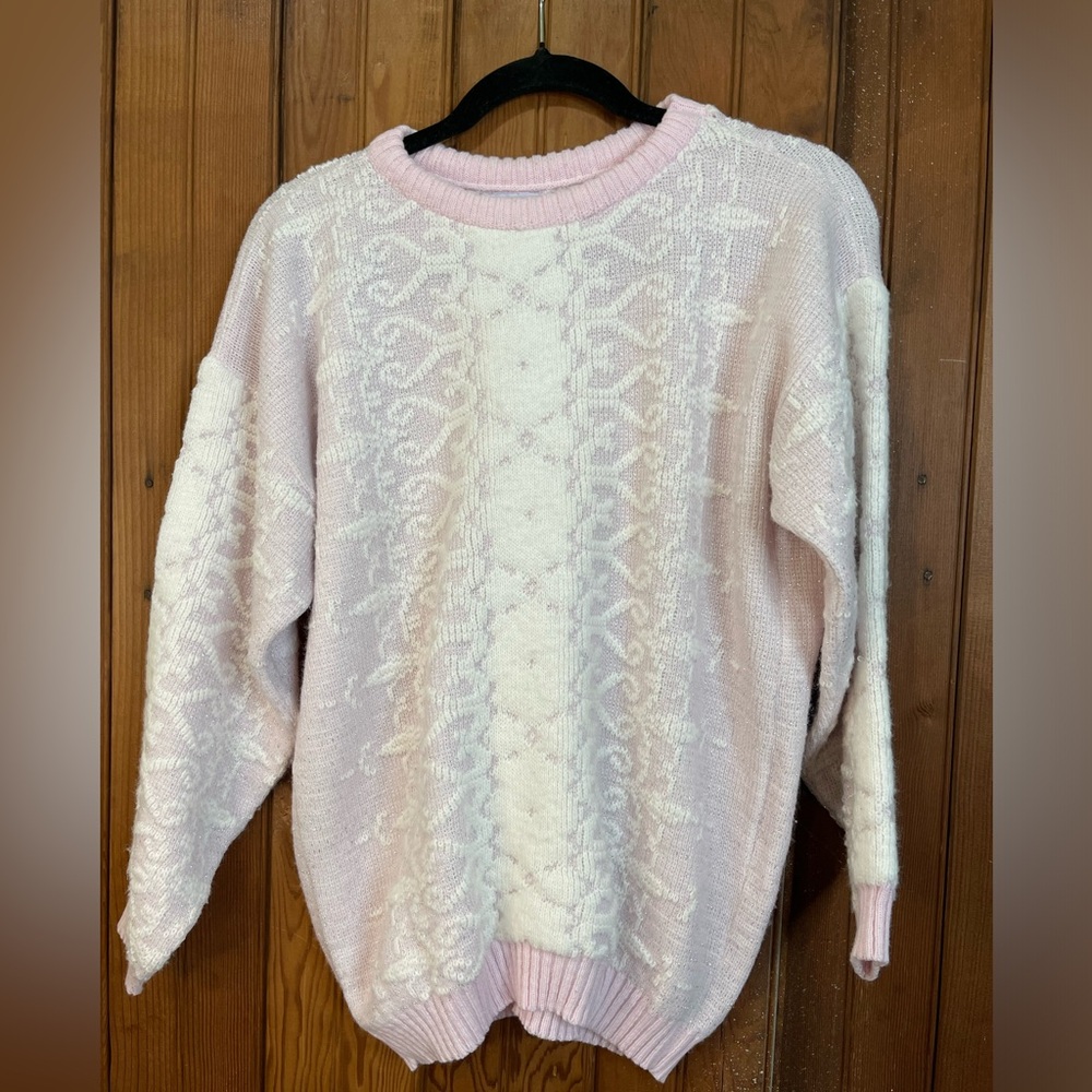⭐️ARIELLE Vintage Sparkle Pink and White Sweater Size L 80s Made in USA!